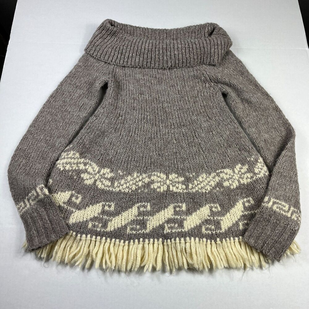 Free People Nordic Fringe Sweater Beige Cowl Neck Winter Cozy Pullover SMALL - Picture 1 of 11